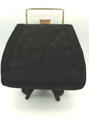Vintage Normandie 1940's - 50's Black Corde Gold Tone Hinge Frame Handbag